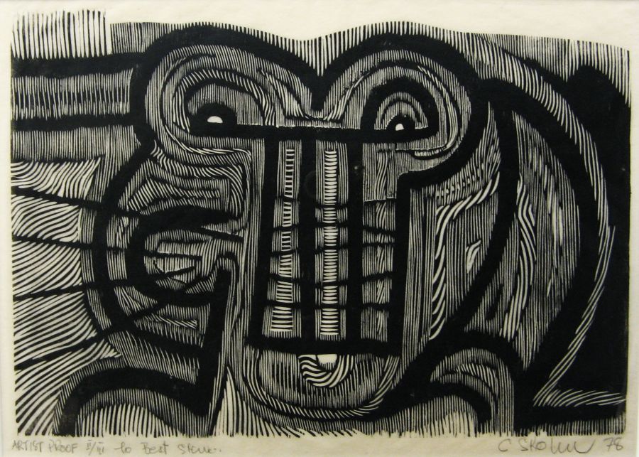 Click the image for a view of: Cecil Skotnes. Untitled (head). 1978. Woodcut. Artist Proof II/III. 252X317mm